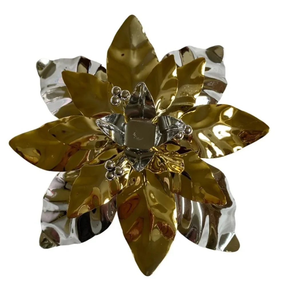 Vintage Department 56 Poinsettia Taper Candle Holder Silver Gold Shinny Finish